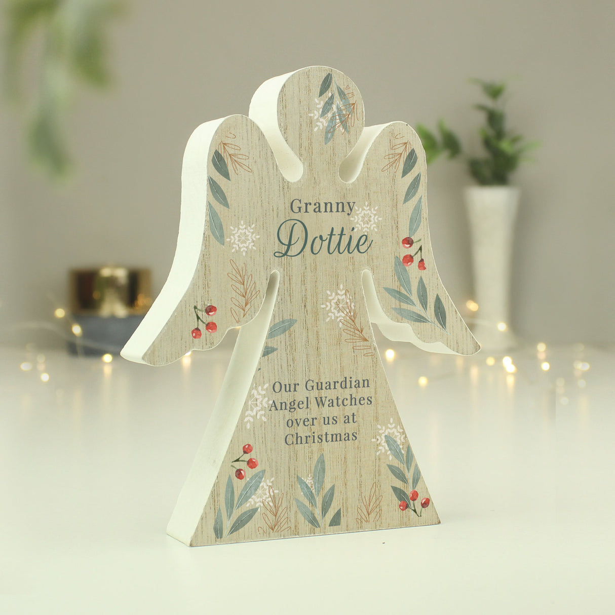 Personalised Christmas Foliage Wooden Angel Ornament: 4 - Ornaments By Gift Moments