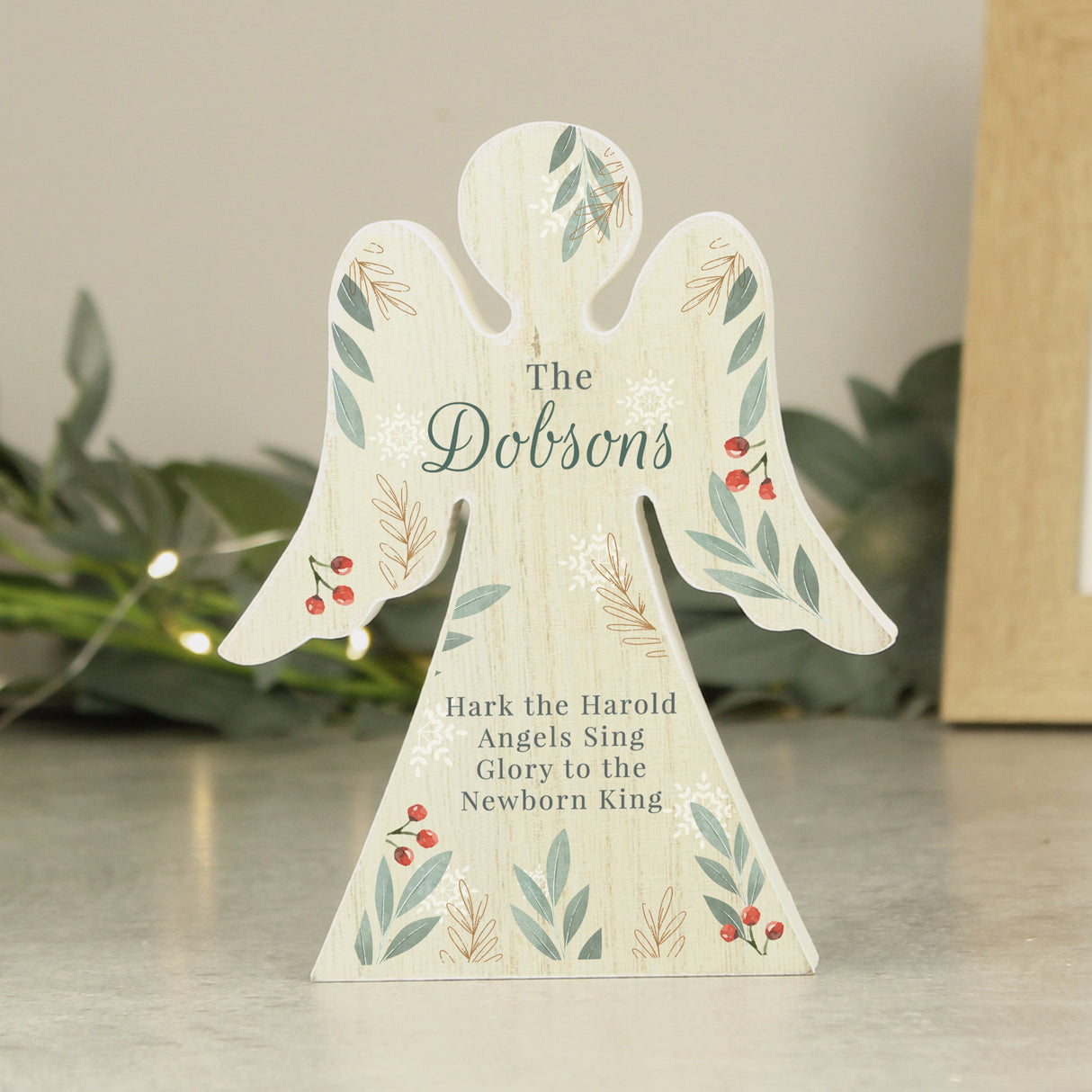 Personalised Christmas Foliage Wooden Angel Ornament: 1 - Ornaments By Gift Moments