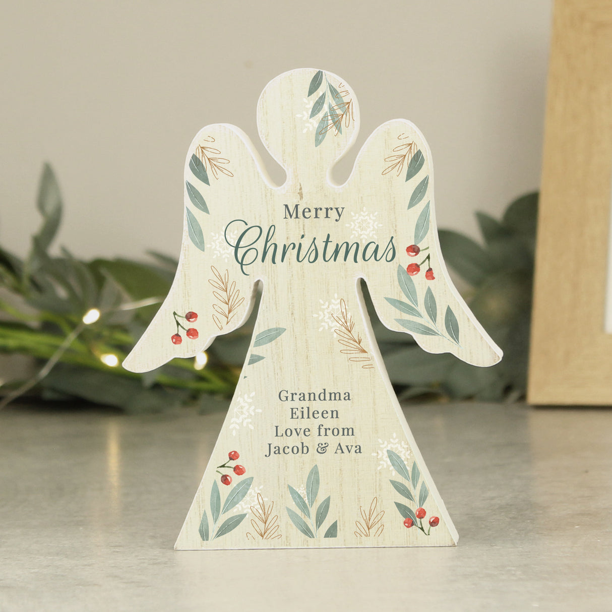 Personalised Christmas Foliage Wooden Angel Ornament: 6 - Ornaments By Gift Moments