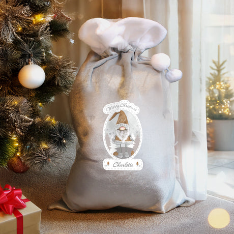 Personalised Christmas Gonk Luxury Silver Grey Pom Pom Sack: 2 - Christmas Sacks By Gift Moments