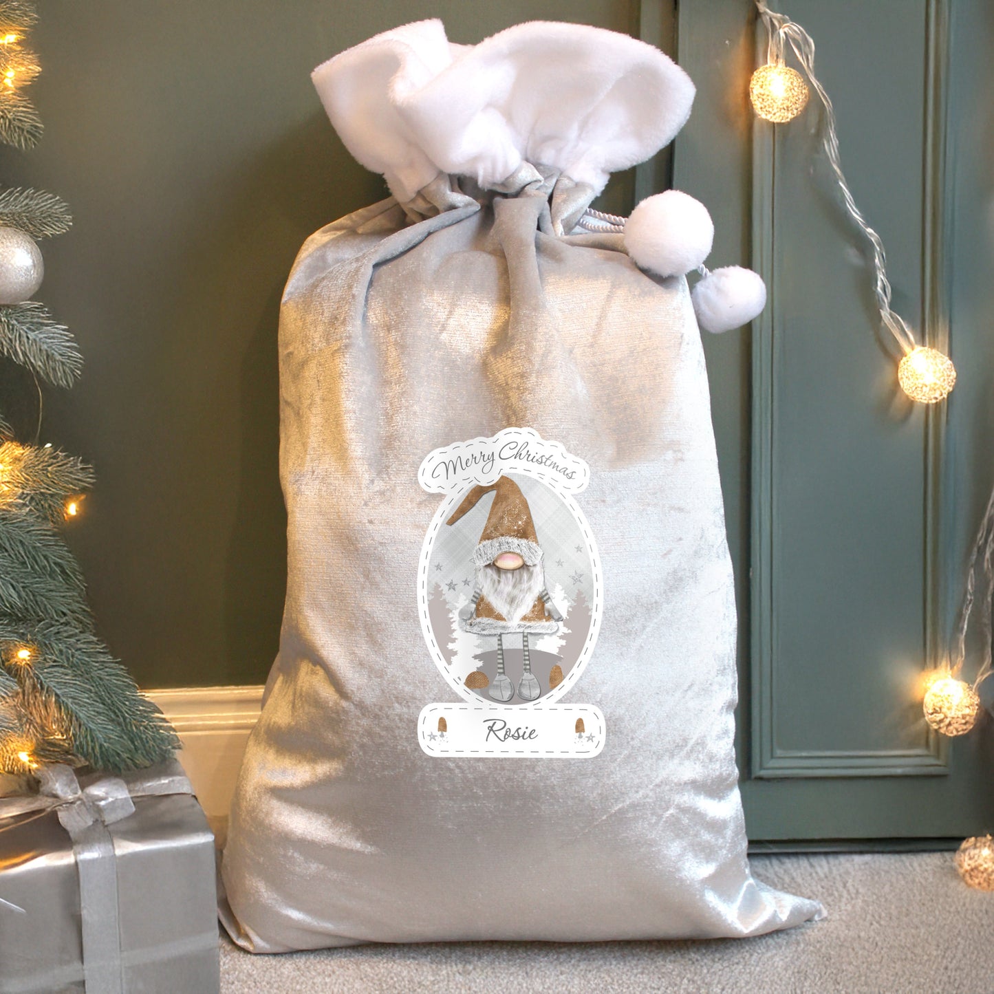 Personalised Christmas Gonk Luxury Silver Grey Pom Pom Sack: 1 - Christmas Sacks By Gift Moments