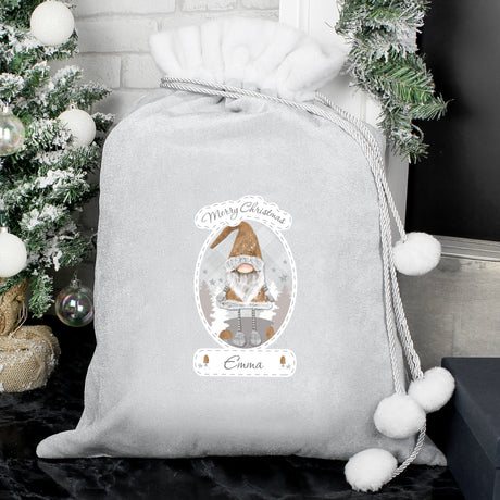 Personalised Christmas Gonk Luxury Silver Grey Pom Pom Sack: 1 - Christmas Sacks By Gift Moments