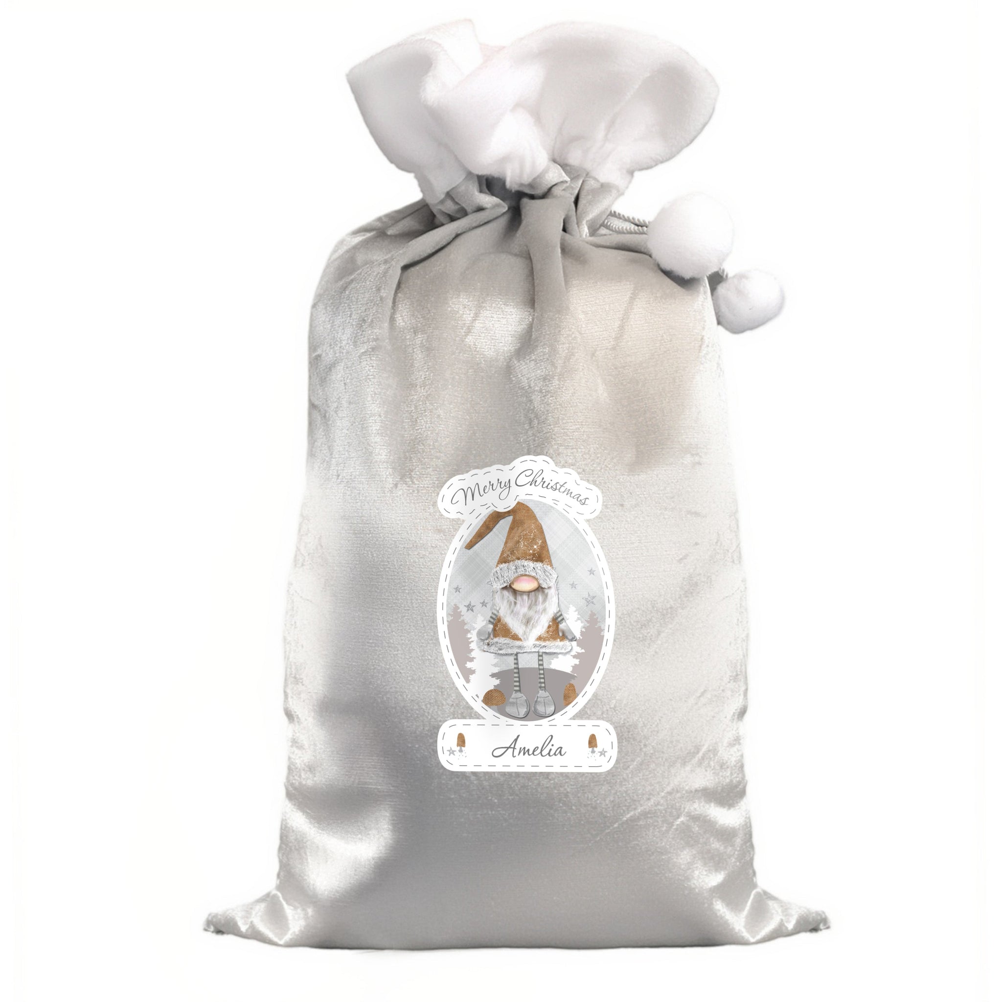 Personalised Christmas Gonk Luxury Silver Grey Pom Pom Sack: 5 - Christmas Sacks By Gift Moments