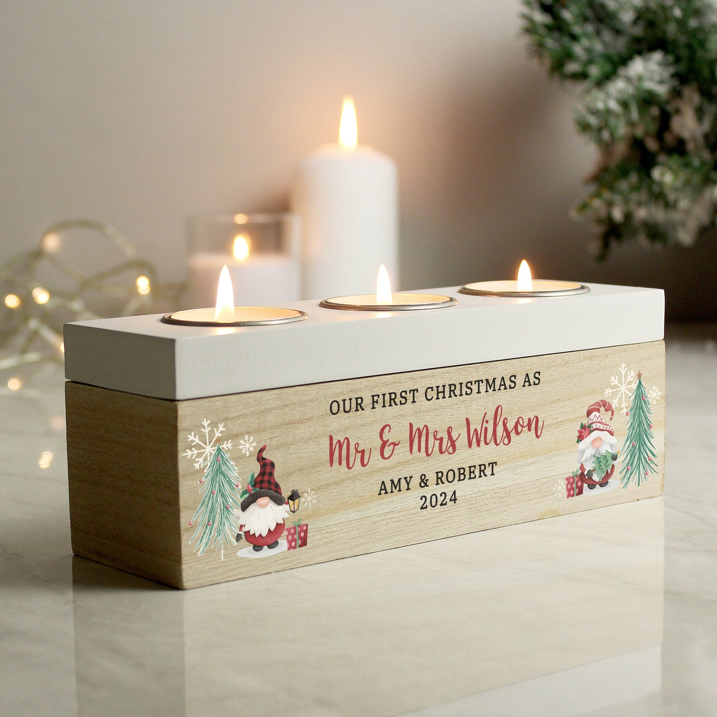 Personalised Christmas Gonk Triple Tea Light Box: 3 - Candle Holders By Gift Moments