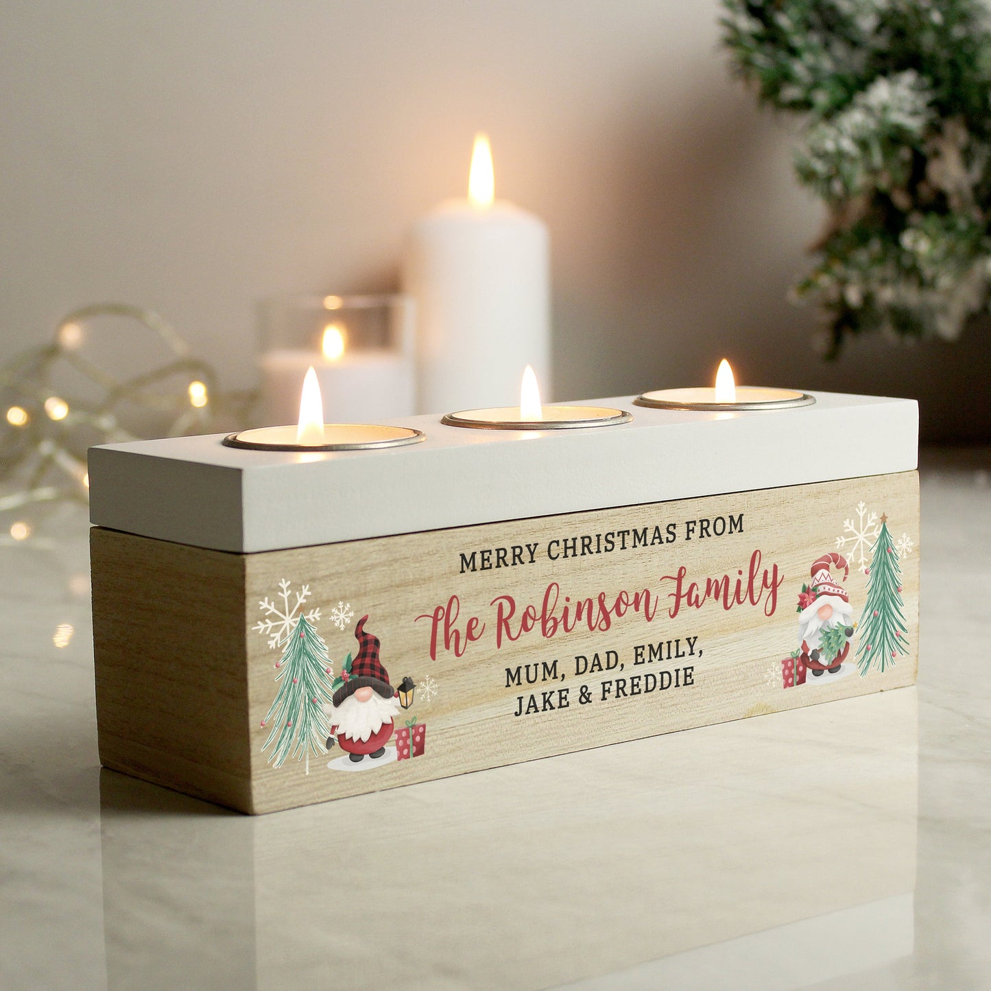Personalised Christmas Gonk Triple Tea Light Box: 1 - Candle Holders By Gift Moments