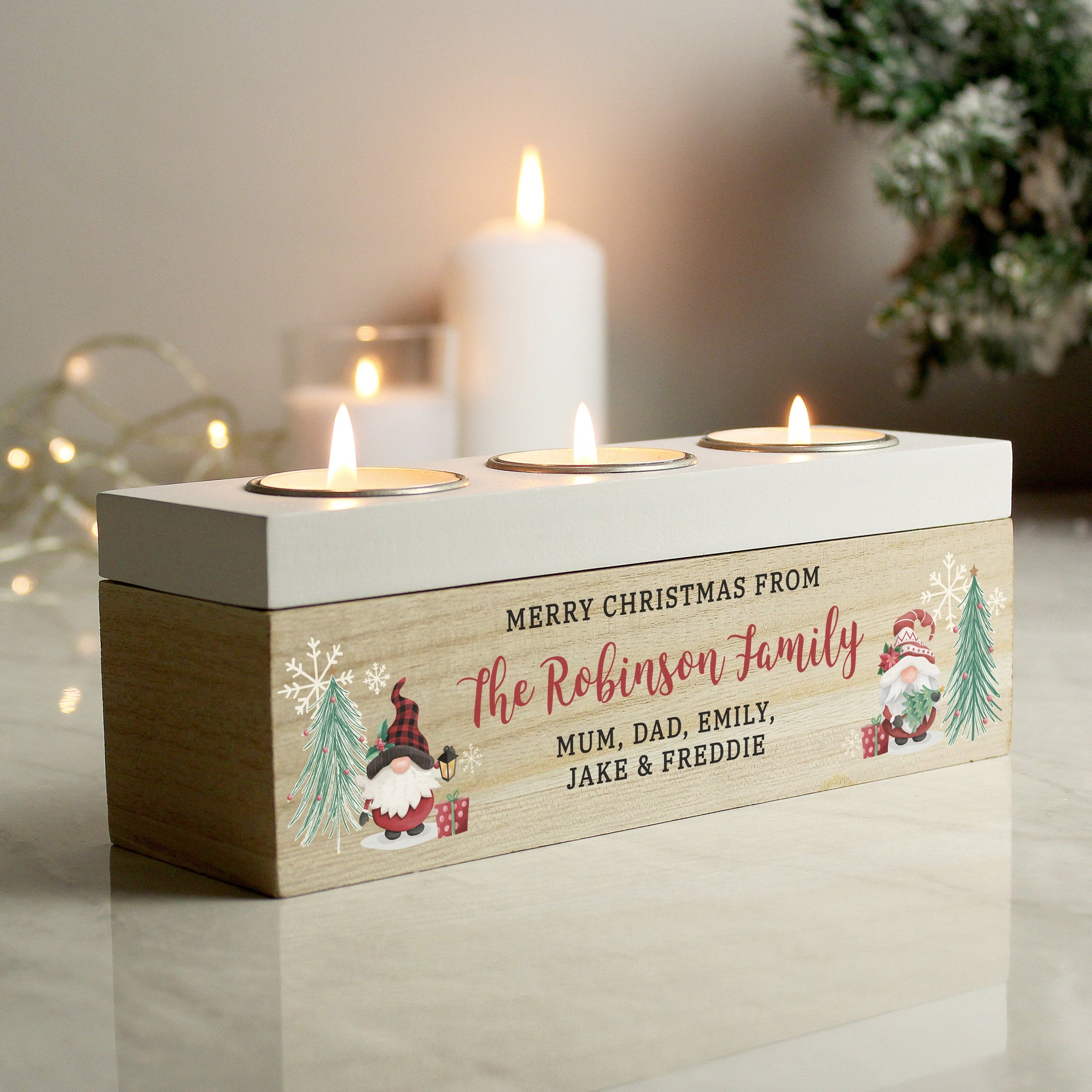 Personalised Christmas Gonk Triple Tea Light Box: 1 - Candle Holders By Gift Moments
