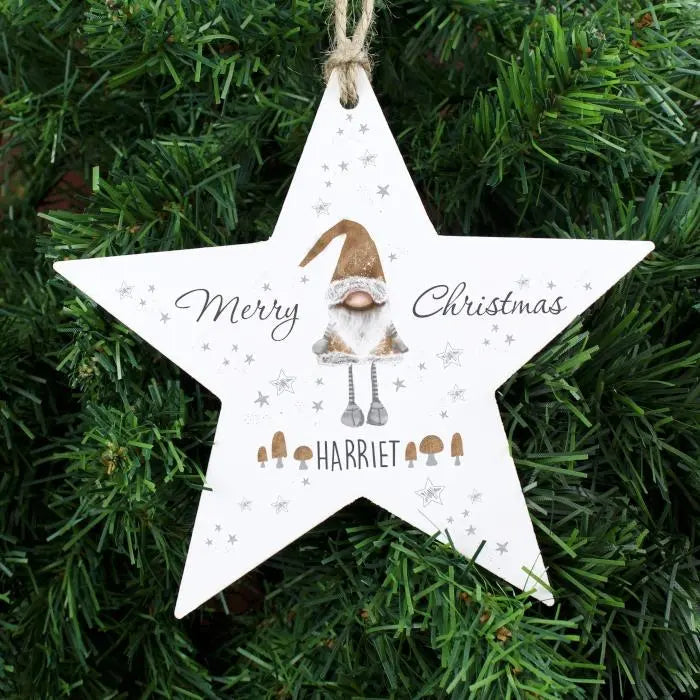 Personalised Christmas Gonk Wooden Star Decoration: 4 - Christmas Decorations By Gift Moments