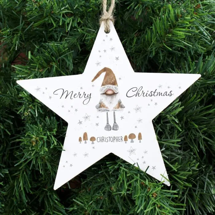 Personalised Christmas Gonk Wooden Star Decoration: 2 - Christmas Decorations By Gift Moments