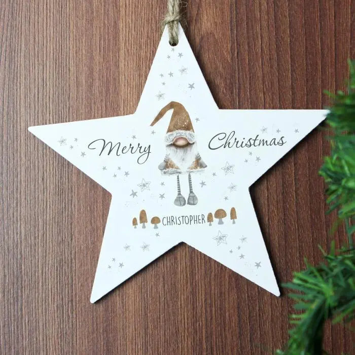 Personalised Christmas Gonk Wooden Star Decoration: 5 - Christmas Decorations By Gift Moments