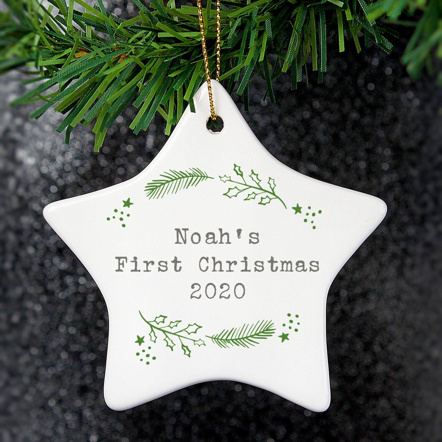 Personalised Christmas Holly Ceramic Star Decoration: 2 - Christmas Decorations By Gift Moments