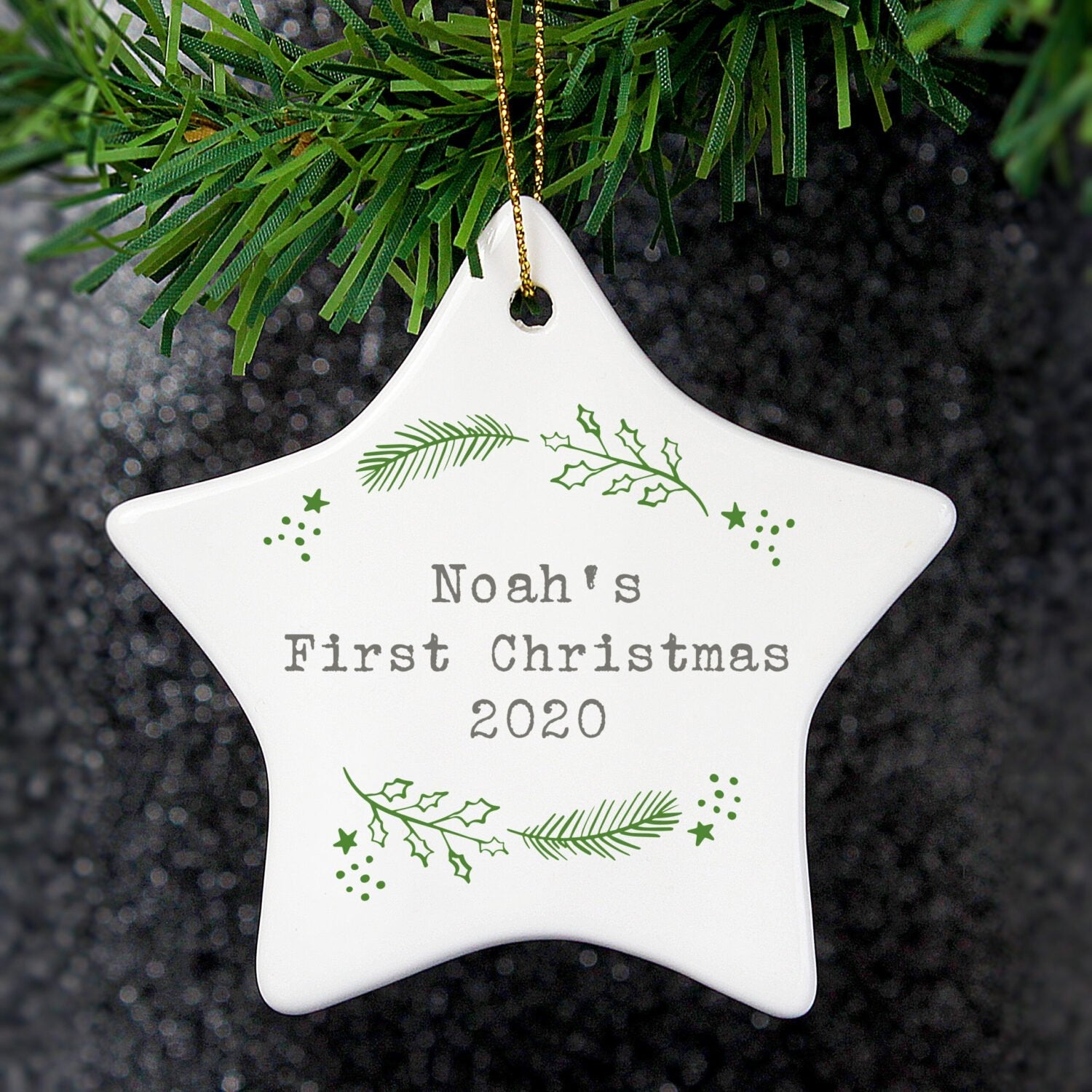 Personalised Christmas Holly Ceramic Star Decoration: 2 - Christmas Decorations By Gift Moments