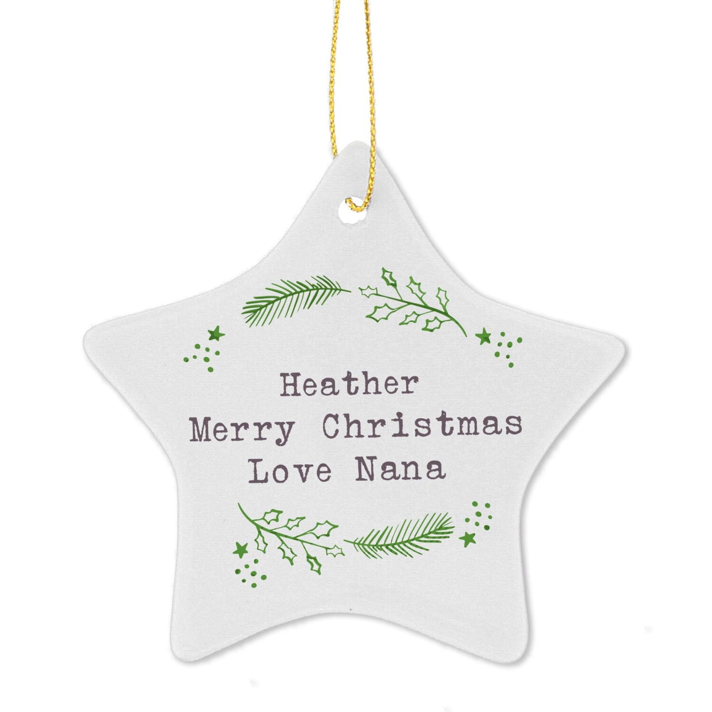 Personalised Christmas Holly Ceramic Star Decoration: 4 - Christmas Decorations By Gift Moments