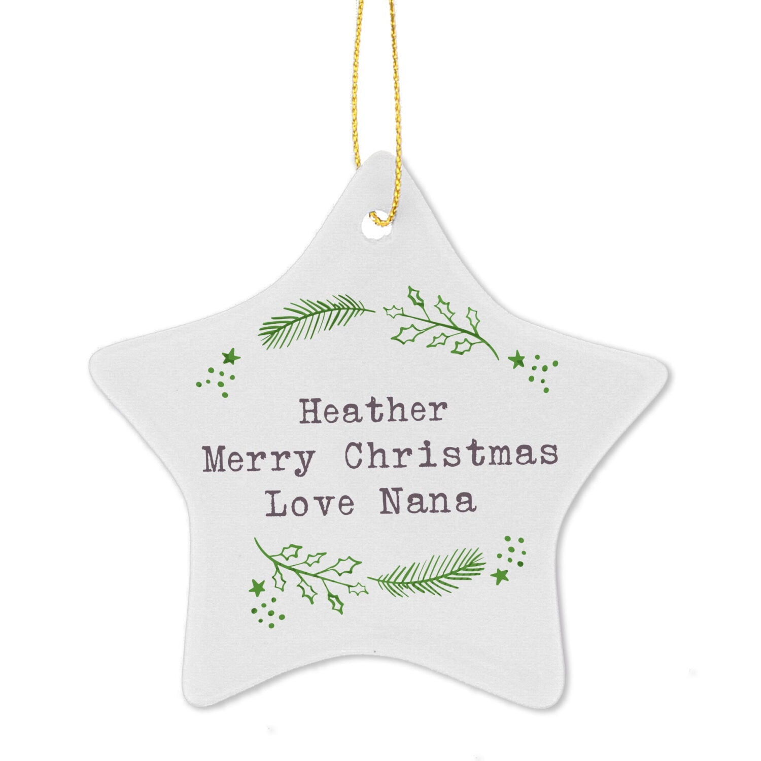 Personalised Christmas Holly Ceramic Star Decoration: 4 - Christmas Decorations By Gift Moments