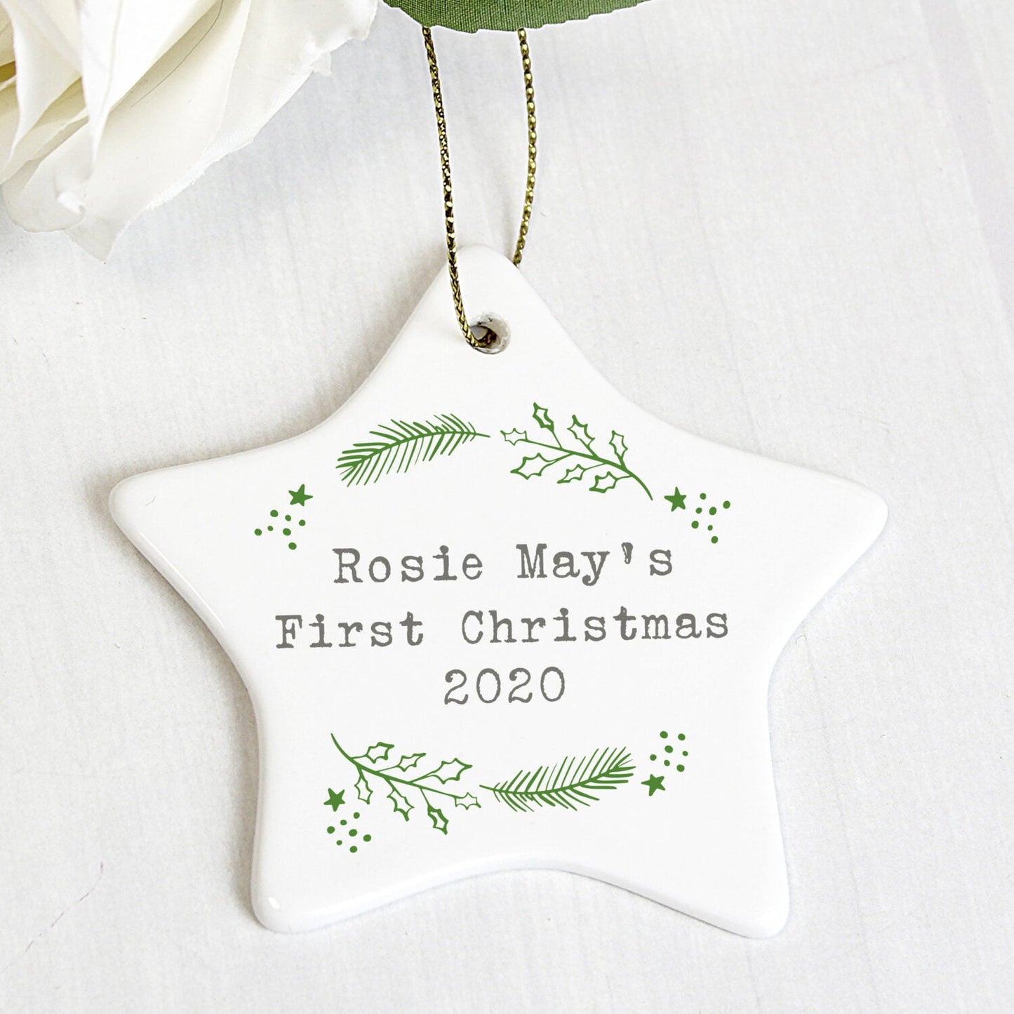 Personalised Christmas Holly Ceramic Star Decoration: 1 - Christmas Decorations By Gift Moments