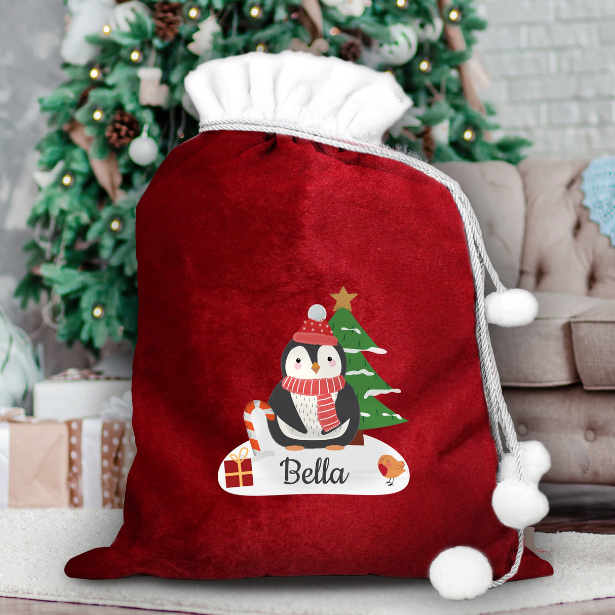 Personalised Penguin Christmas Pom Pom Sack: 1 - Christmas Sacks By Gift Moments