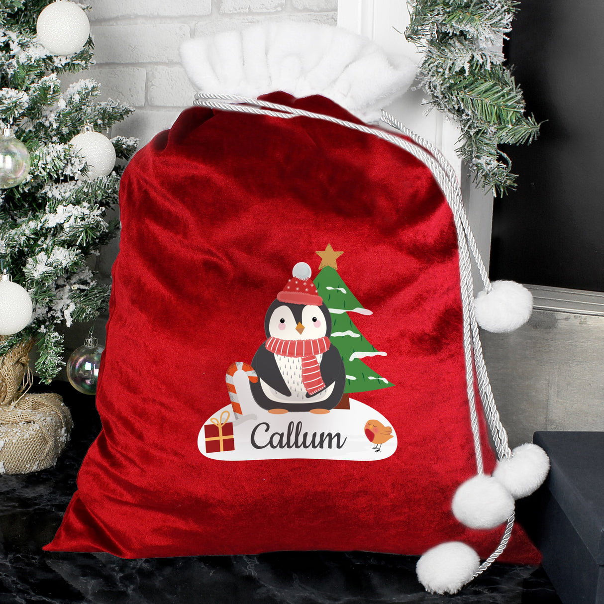 Personalised Penguin Christmas Pom Pom Sack: 3 - Christmas Sacks By Gift Moments