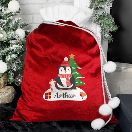 Personalised Christmas Penguin Luxury Pom Pom Red Sack: 5 - Christmas Sacks By Gift Moments