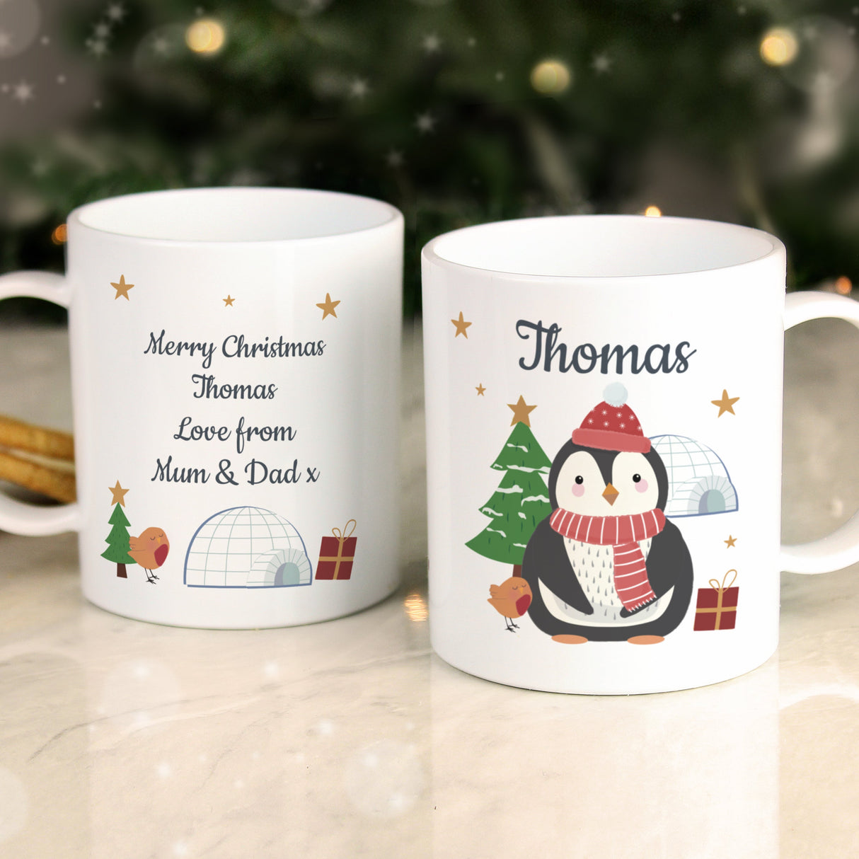 Personalised Christmas Penguin Plastic Mug: 4 - Plastic Mugs By Gift Moments
