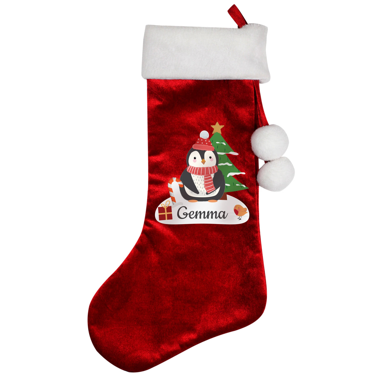 Personalised Christmas Penguin Red Stocking: 4 - Christmas Stockings By Gift Moments