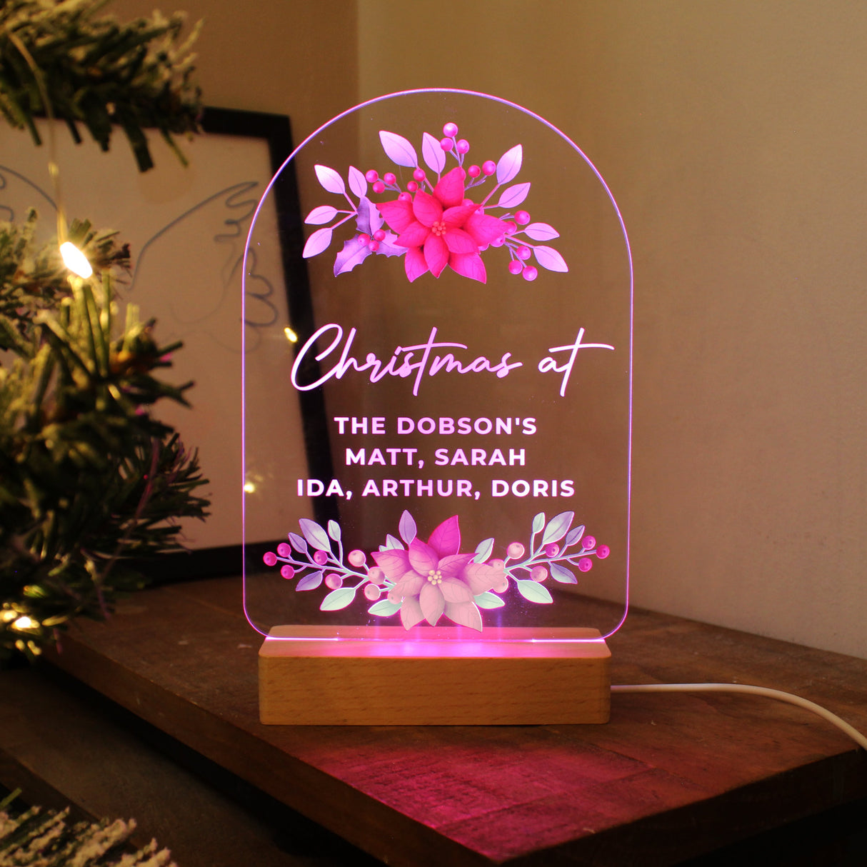 Personalised Christmas Poinsettia Wooden Based LED Light: 8 - LED Lighting By Gift Moments