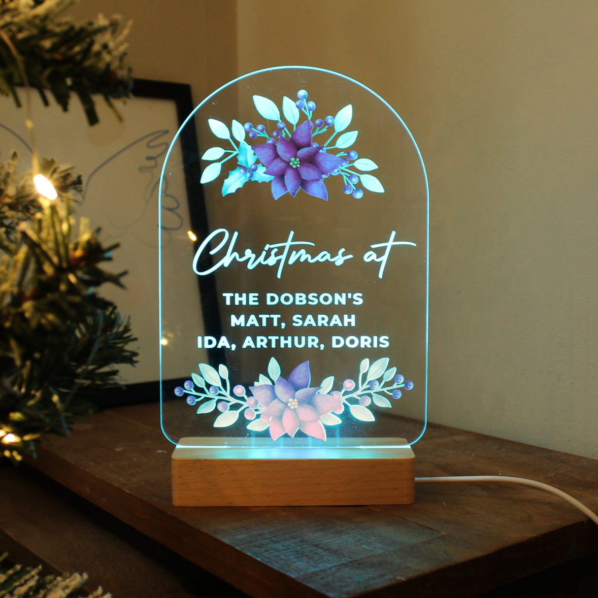Personalised Christmas Poinsettia Wooden Based LED Light: 6 - LED Lighting By Gift Moments