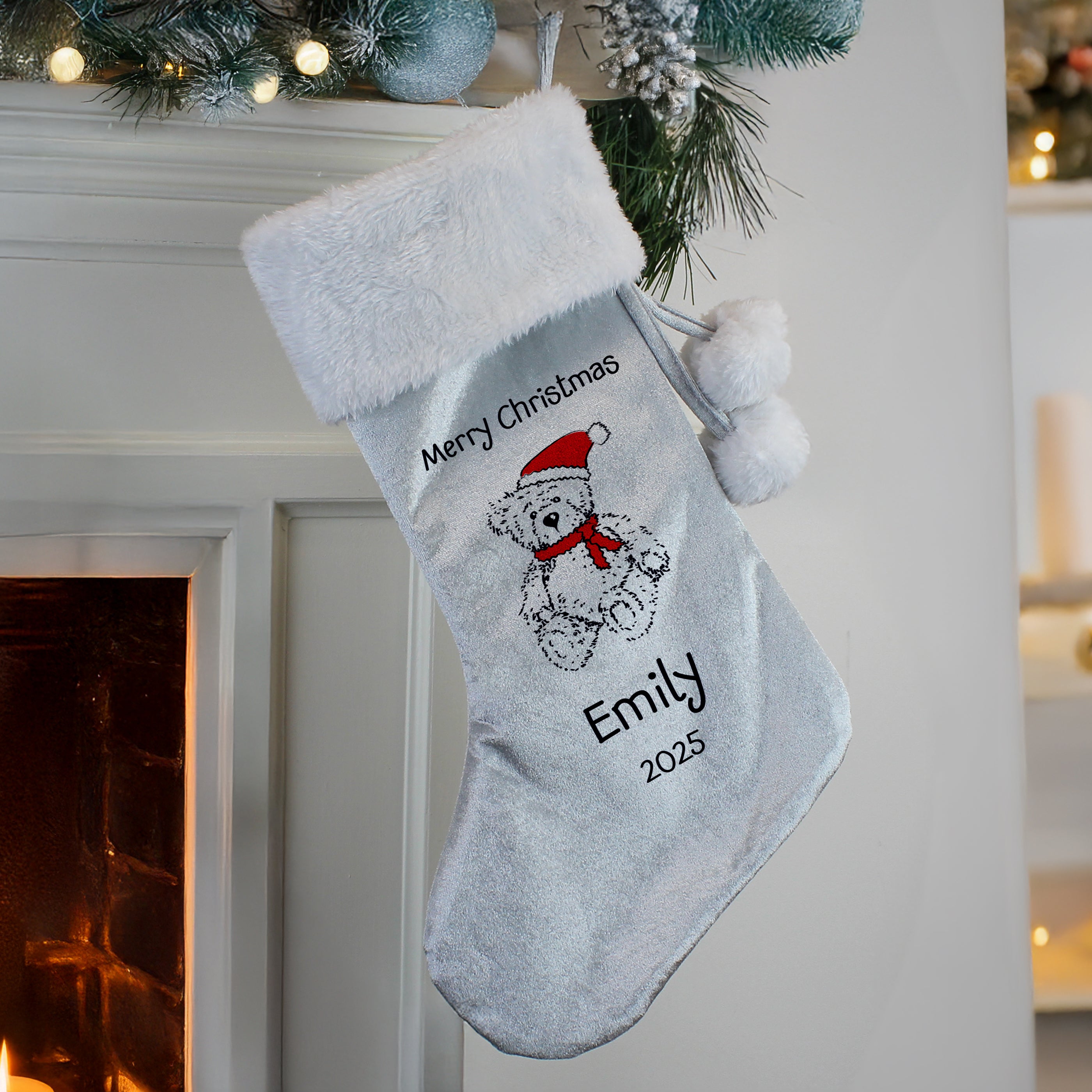 Personalised Christmas Teddy Silver Grey Stocking - Shop Christmas Stockings At Gift Moments - 1