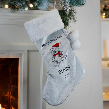 Personalised Christmas Teddy Silver Grey Stocking: 1 - Christmas Stockings By Gift Moments