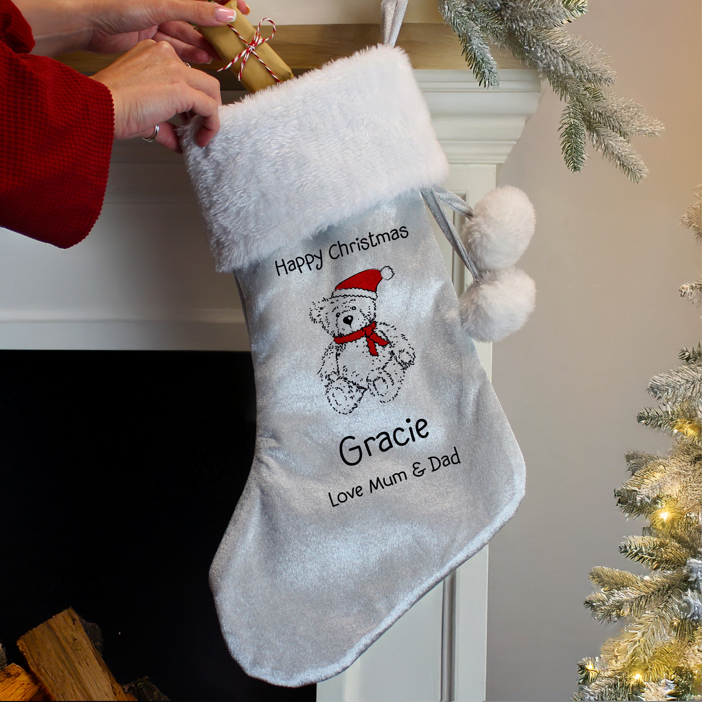Personalised Christmas Teddy Silver Grey Stocking - Shop Christmas Stockings At Gift Moments - 2