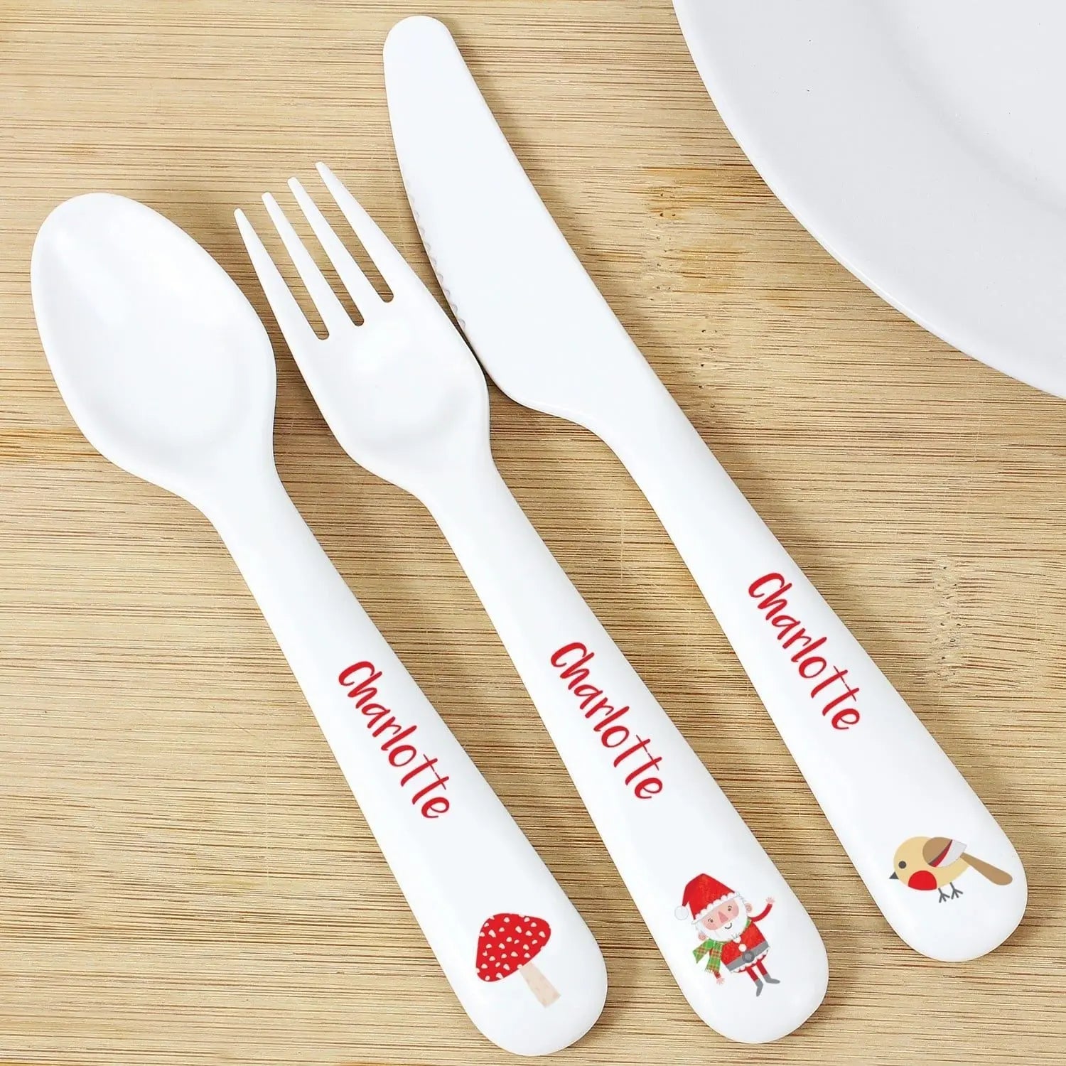 Personalised Christmas Toadstool Santa 3 Piece Plastic Cutlery Set: 1 - Cutlery Sets By Gift Moments