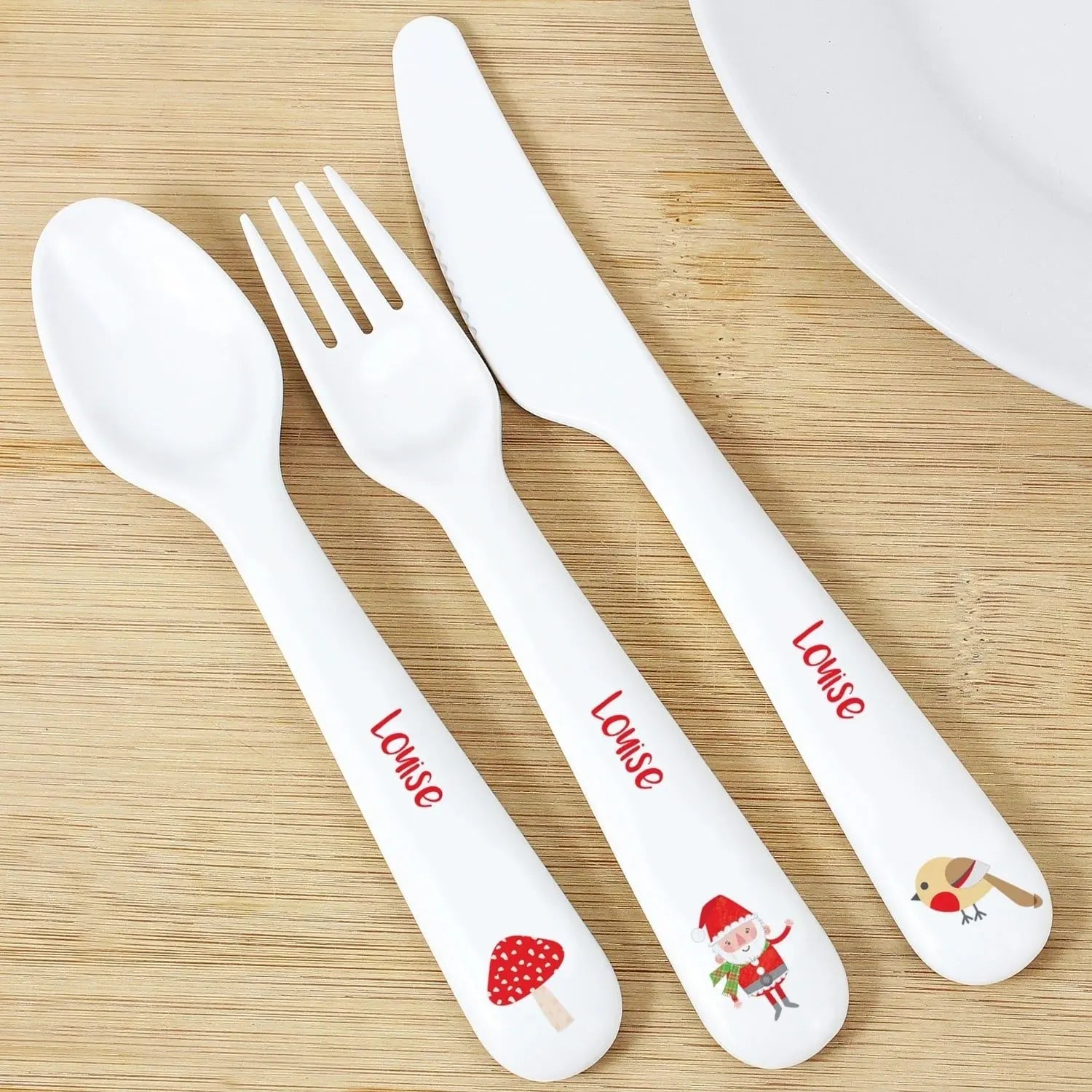 Personalised Christmas Toadstool Santa 3 Piece Plastic Cutlery Set: 2 - Cutlery Sets By Gift Moments