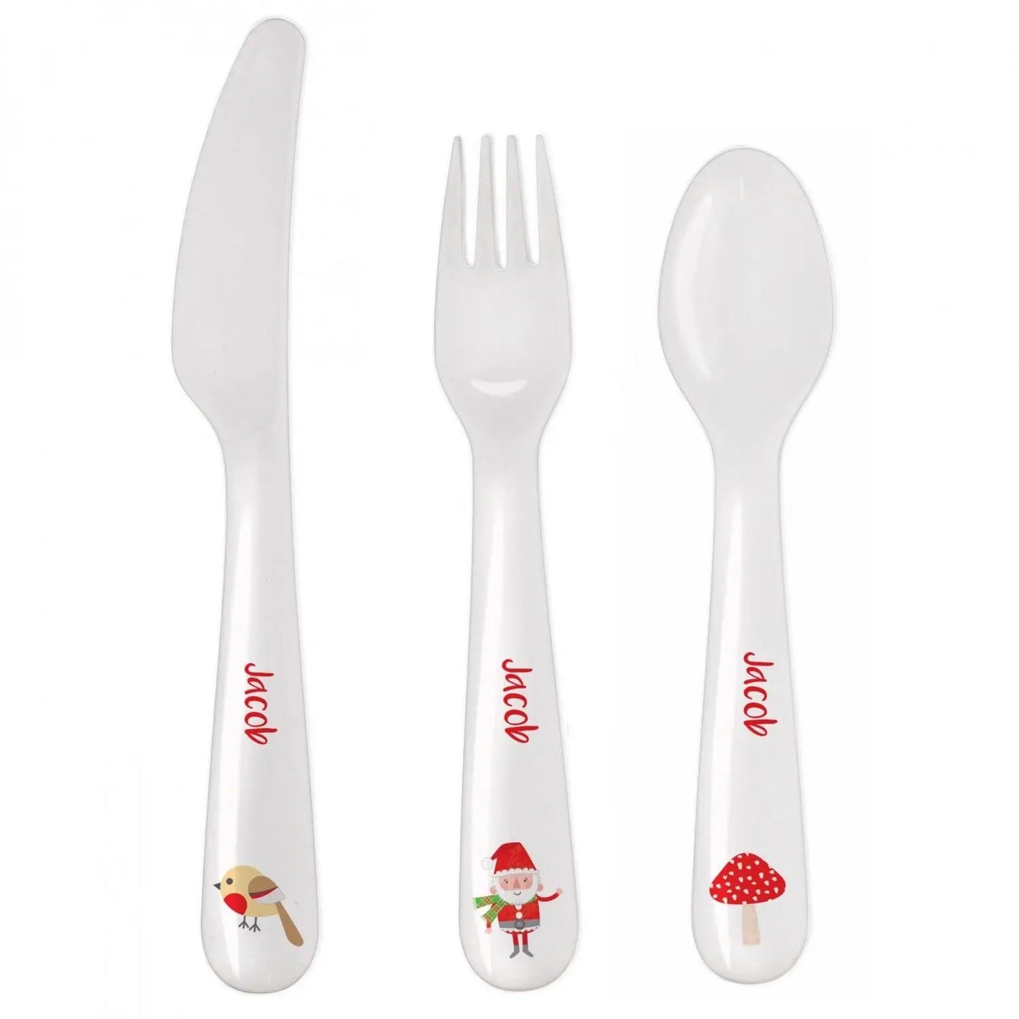 Personalised Christmas Toadstool Santa 3 Piece Plastic Cutlery Set: 3 - Cutlery Sets By Gift Moments