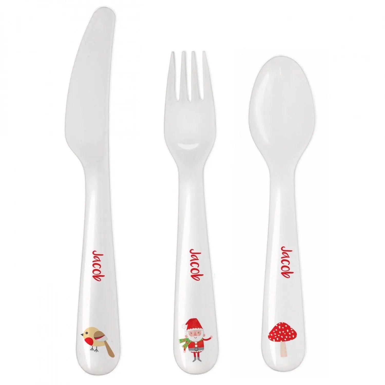 Personalised Christmas Toadstool Santa 3 Piece Plastic Cutlery Set - Shop Cutlery Sets At Gift Moments - 3