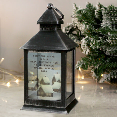 Personalised Christmas Town Black Lantern: 4 - LED Lighting By Gift Moments