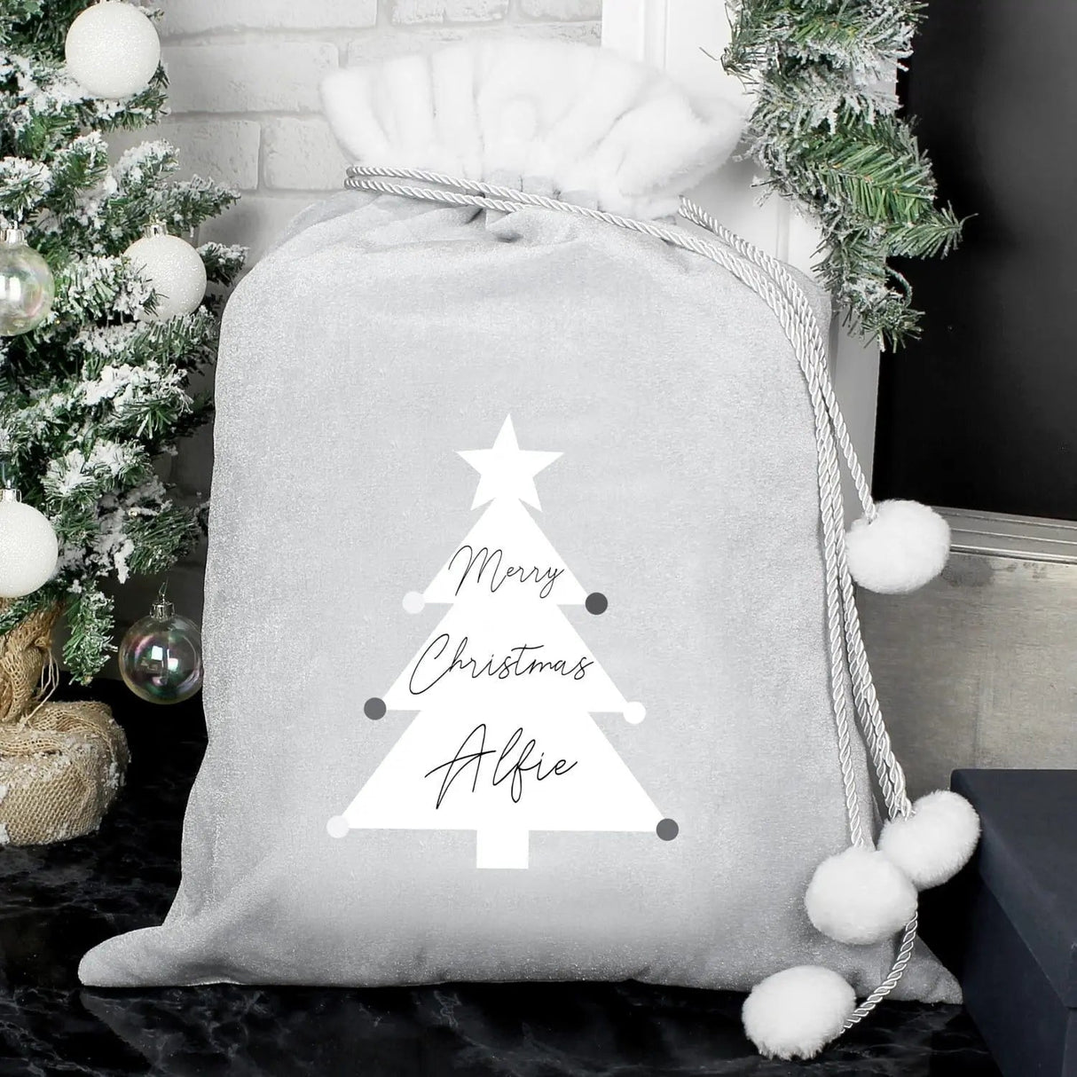 Personalised Christmas Tree Luxury Silver Grey Pom Pom Sack: 2 - Christmas Sacks By Gift Moments