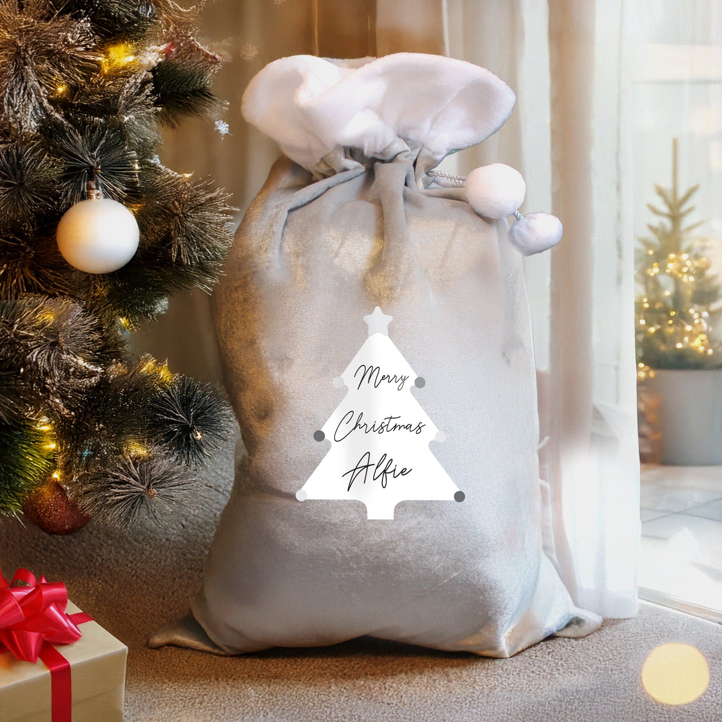 Personalised Christmas Tree Luxury Silver Grey Pom Pom Sack: 2 - Christmas Sacks By Gift Moments