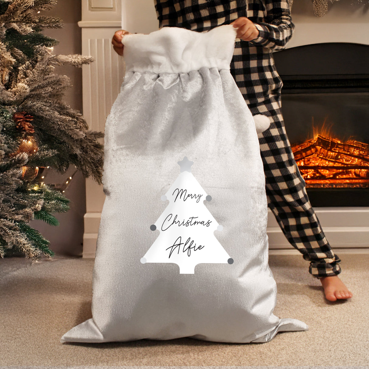 Personalised Christmas Tree Luxury Silver Grey Pom Pom Sack - Shop Christmas Sacks At Gift Moments - 3
