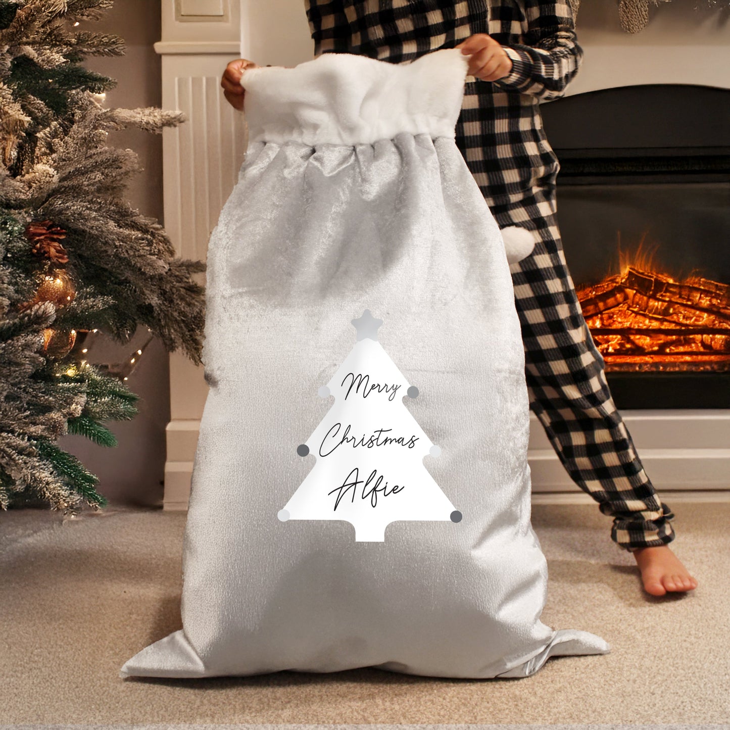 Personalised Christmas Tree Luxury Silver Grey Pom Pom Sack: 3 - Christmas Sacks By Gift Moments