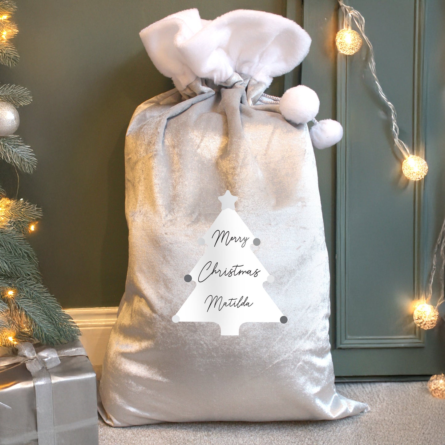 Personalised Christmas Tree Luxury Silver Grey Pom Pom Sack: 1 - Christmas Sacks By Gift Moments