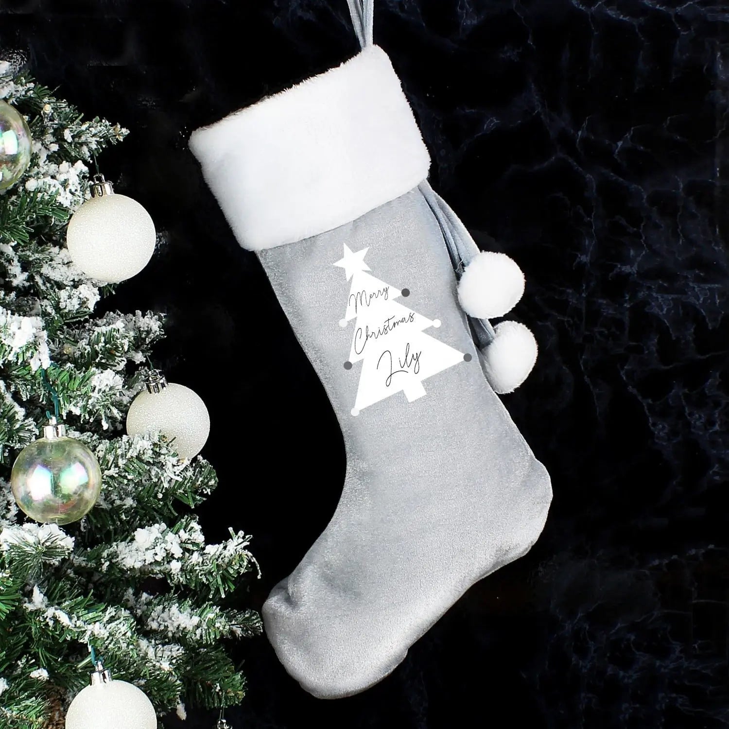 Personalised Christmas Tree Luxury Silver Grey Stocking - Shop Christmas Stockings At Gift Moments - 2