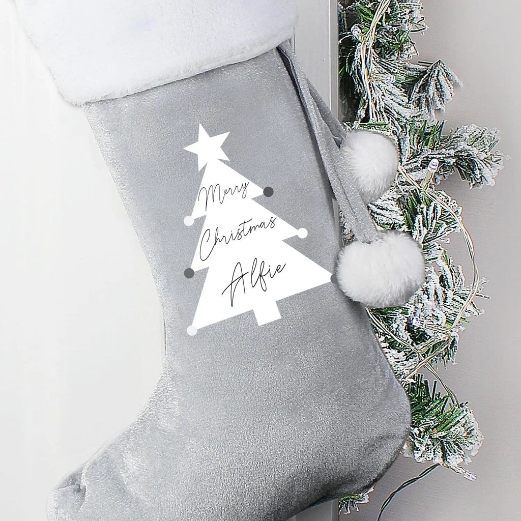 Personalised Christmas Tree Luxury Silver Grey Stocking - Shop Christmas Stockings At Gift Moments - 1