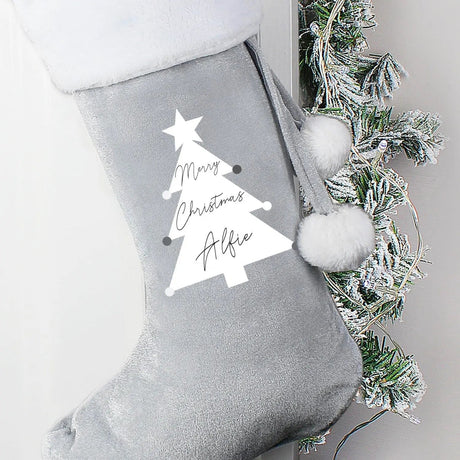 Personalised Christmas Tree Luxury Silver Grey Stocking: 1 - Christmas Stockings By Gift Moments