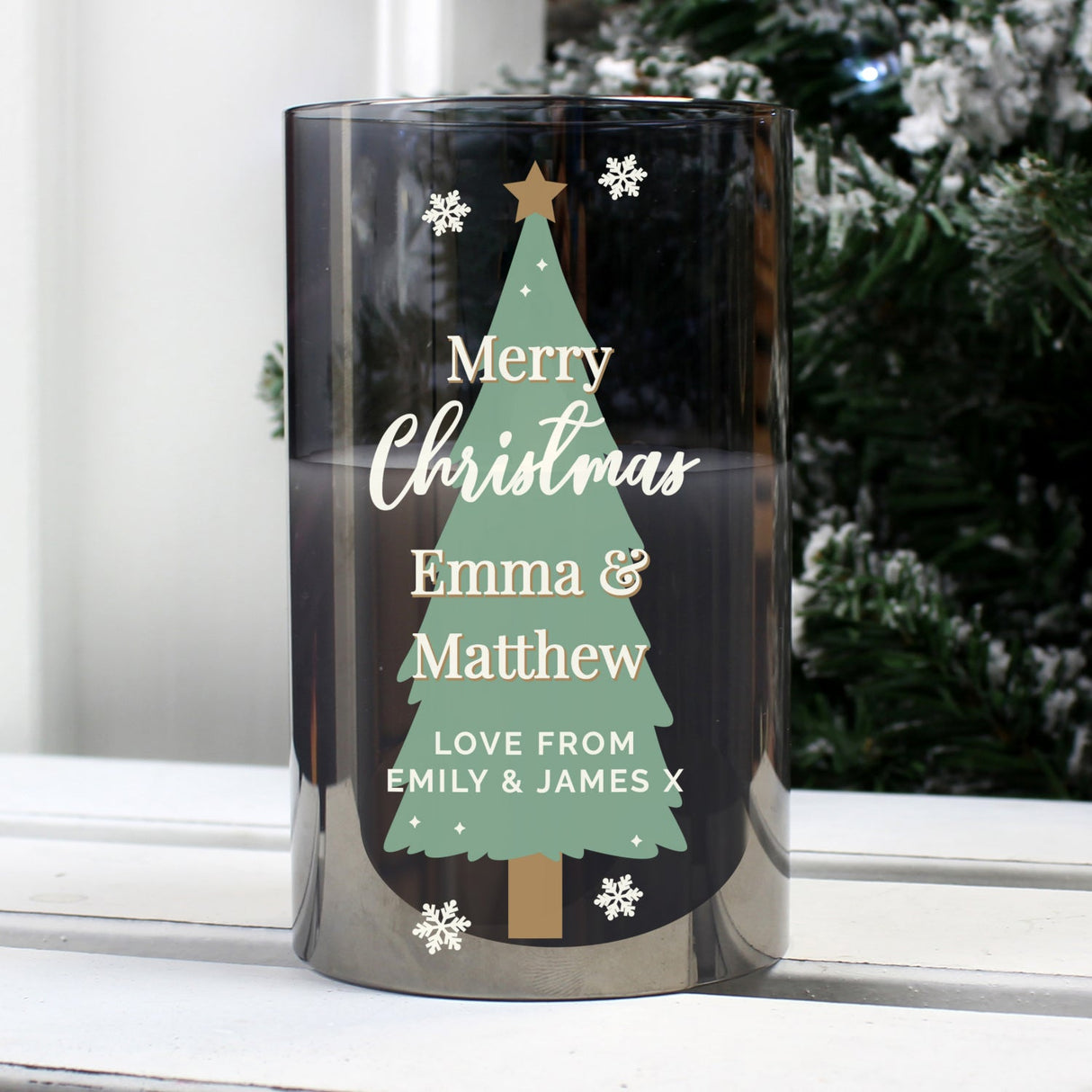 Personalised Christmas Tree Smoked Glass LED Candle: 1 - LED Lighting By Gift Moments