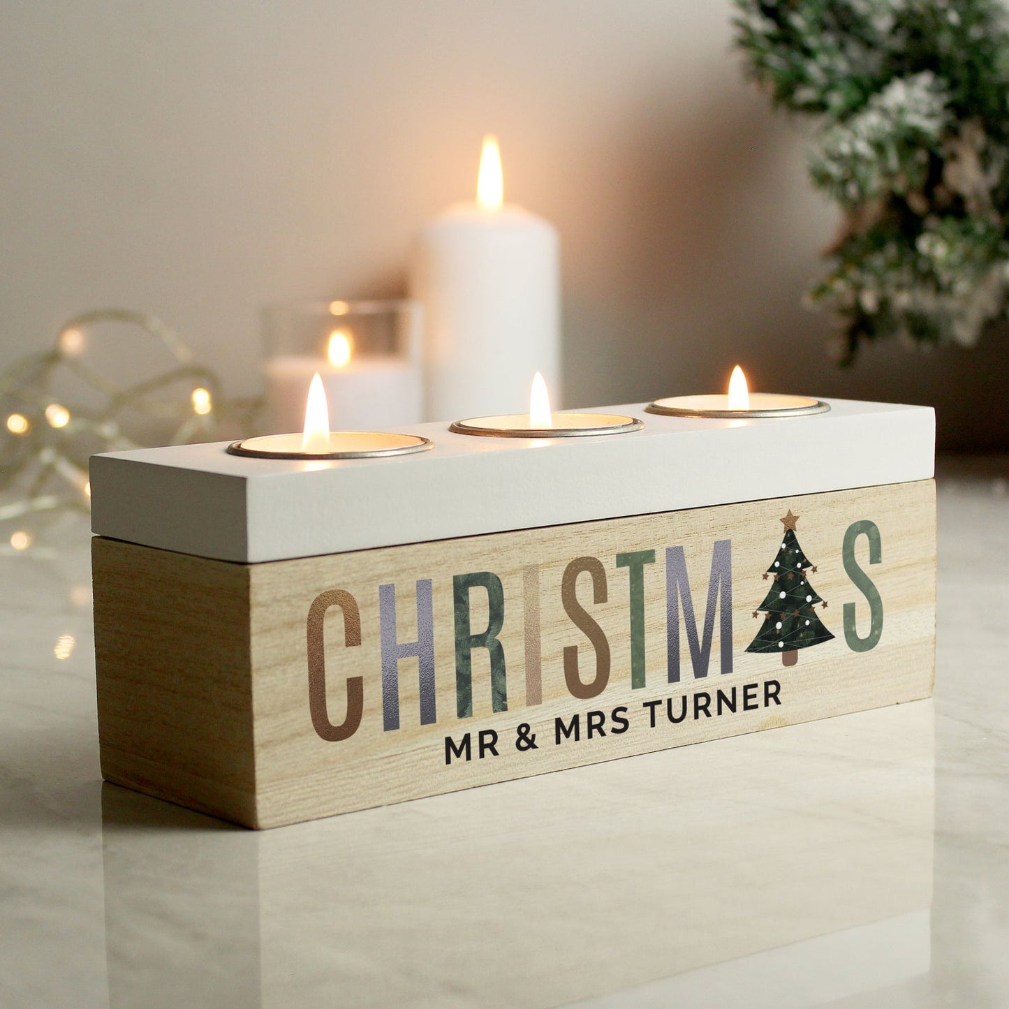 Personalised Christmas Tree Triple Tea Light Box: 3 - Candle Holders By Gift Moments