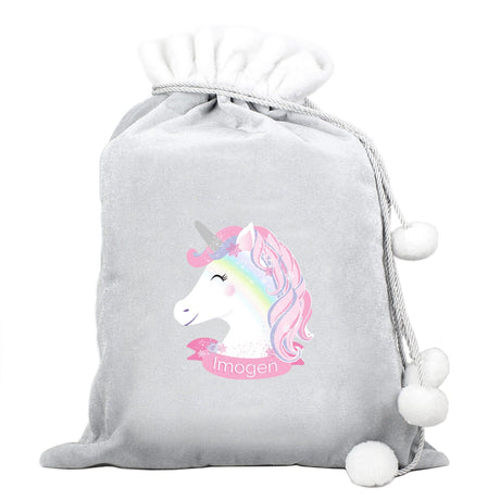 Personalised Christmas Unicorn Luxury Silver Grey Pom Pom Sack: 3 - Christmas Sacks By Gift Moments