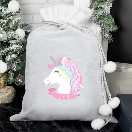 Personalised Christmas Unicorn Luxury Silver Grey Pom Pom Sack: 1 - Christmas Sacks By Gift Moments