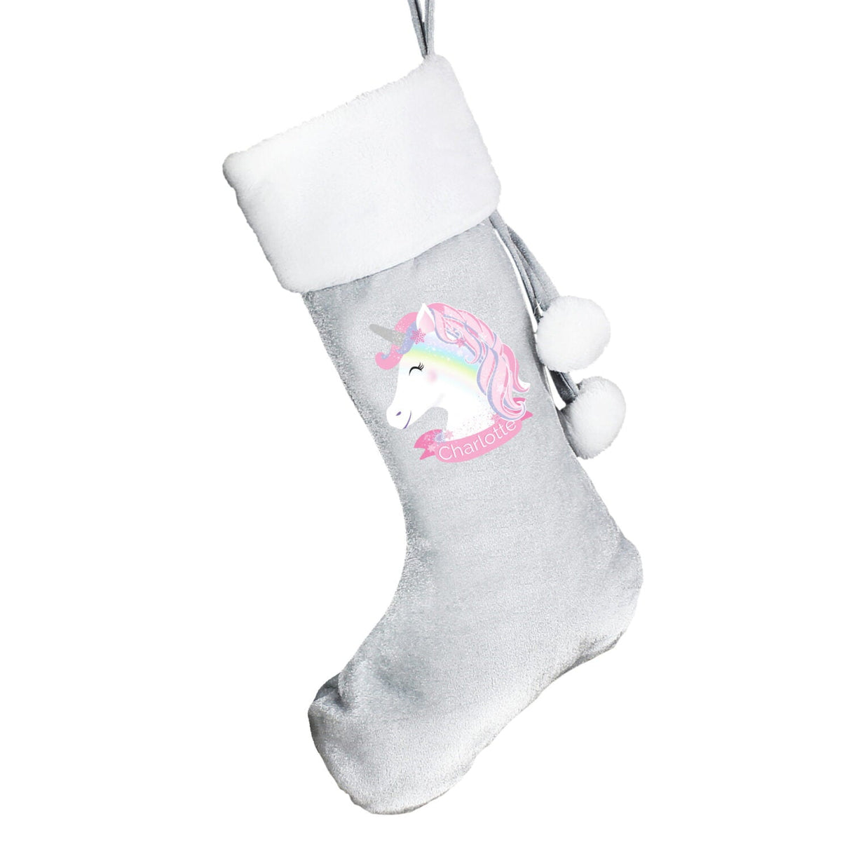 Personalised Christmas Unicorn Luxury Silver Grey Stocking: 4 - Christmas Stockings By Gift Moments