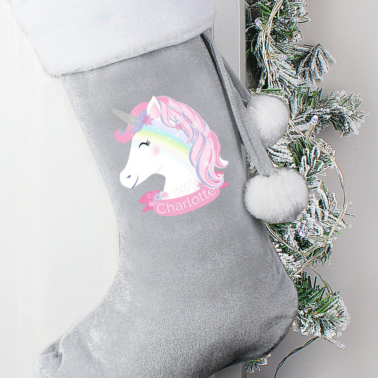 Personalised Christmas Unicorn Luxury Silver Grey Stocking: 1 - Christmas Stockings By Gift Moments