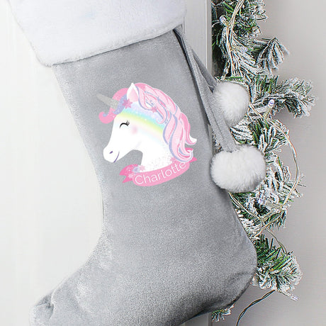Personalised Christmas Unicorn Luxury Silver Grey Stocking: 1 - Christmas Stockings By Gift Moments
