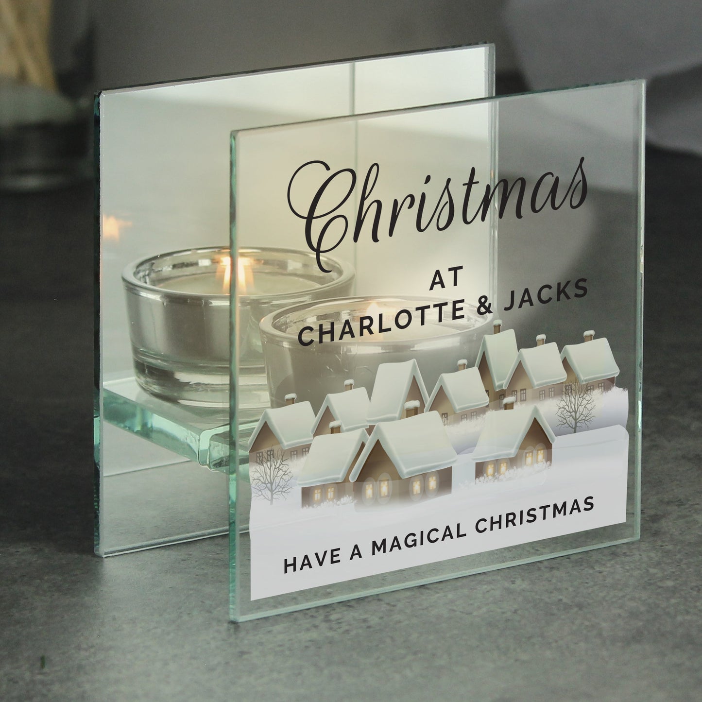 Personalised Christmas Village Glass Tea Light Candle Holder: 3 - Candle Holders By Gift Moments