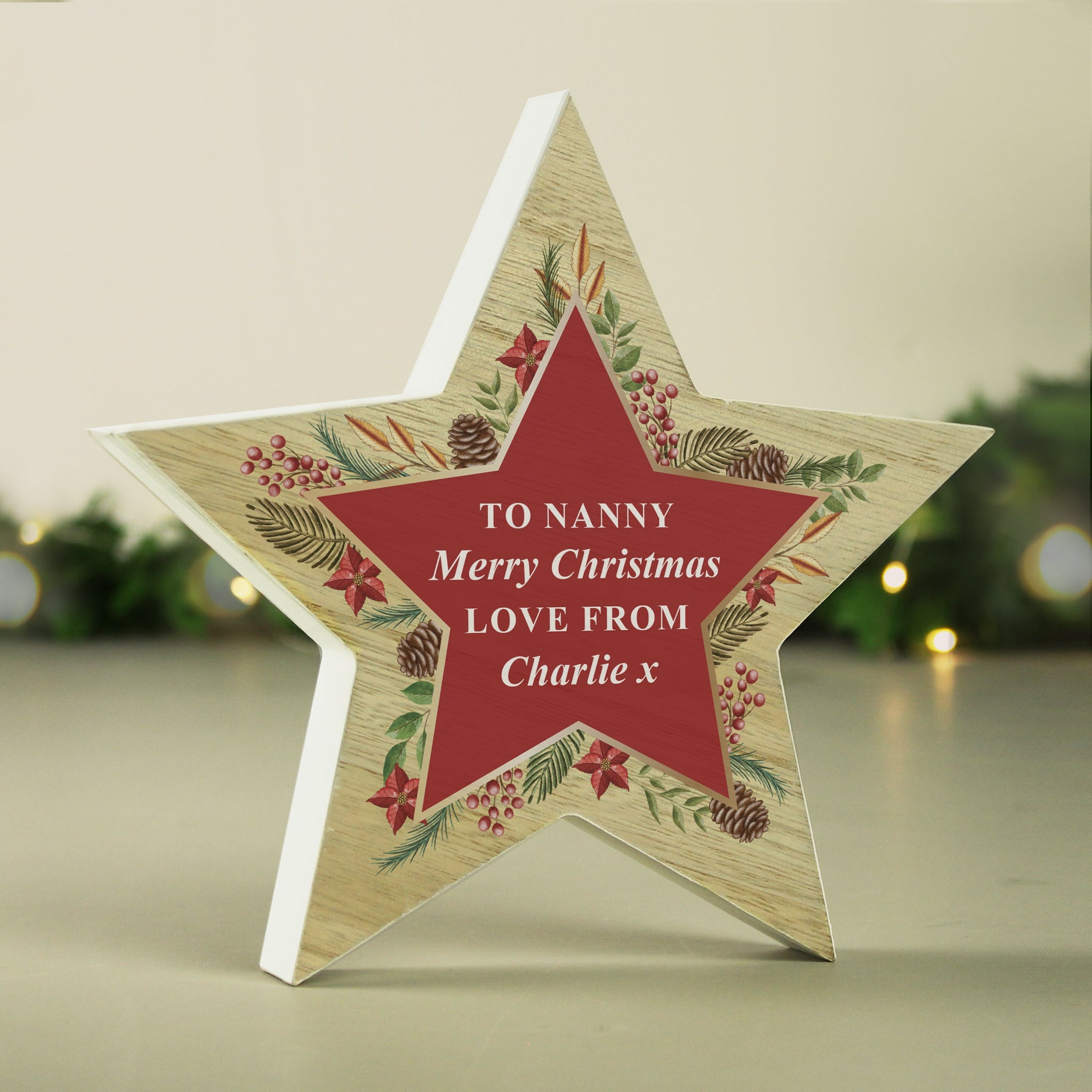 Personalised Christmas Wreath Wooden Star Ornament: 2 - Christmas Decorations By Gift Moments